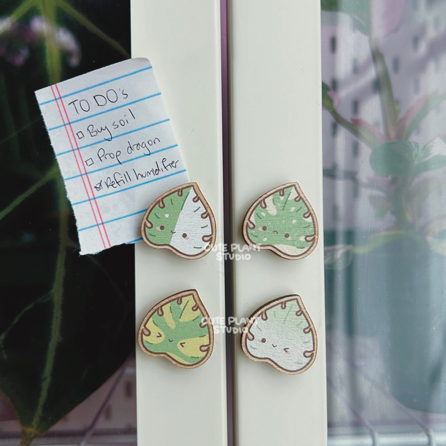 Set of 4 Variegated Monstera Wooden Magnets